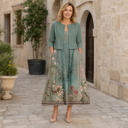 🌸【Długa sukienka z dekoltem w serek + płaszcz】🌸Elegancki dwuczęściowy komplet z kardiganem w etnicznym wzorze