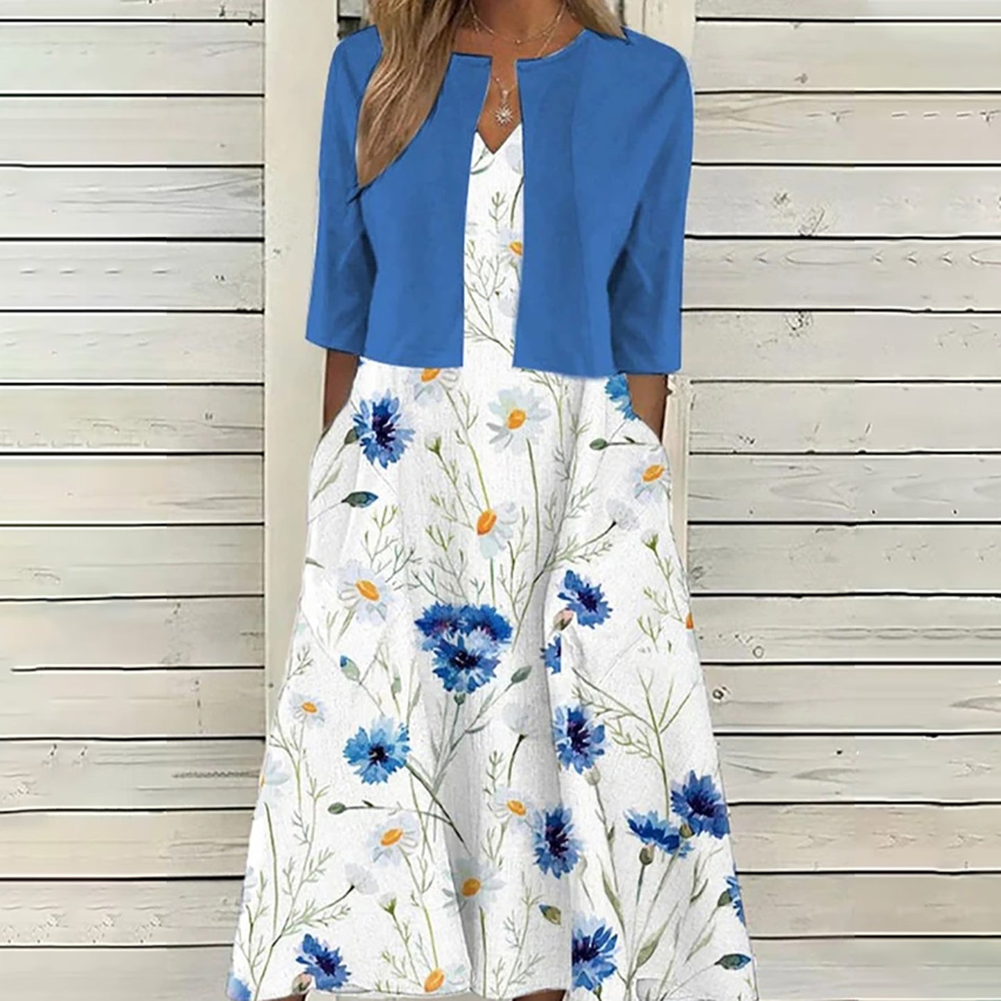 🌸【Długa sukienka z dekoltem w serek + płaszcz】🌸Elegancki dwuczęściowy komplet z kardiganem w etnicznym wzorze