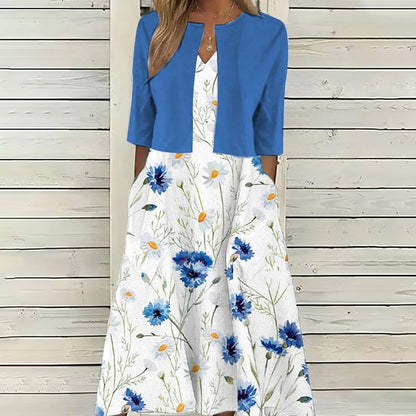 🌸【Długa sukienka z dekoltem w serek + płaszcz】🌸Elegancki dwuczęściowy komplet z kardiganem w etnicznym wzorze