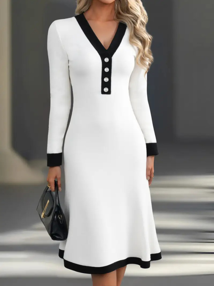 🌷🌞【30 % popust】【S-3XL】 Ženska jesensko-zimska obleka s kontrastnim V-izrezom