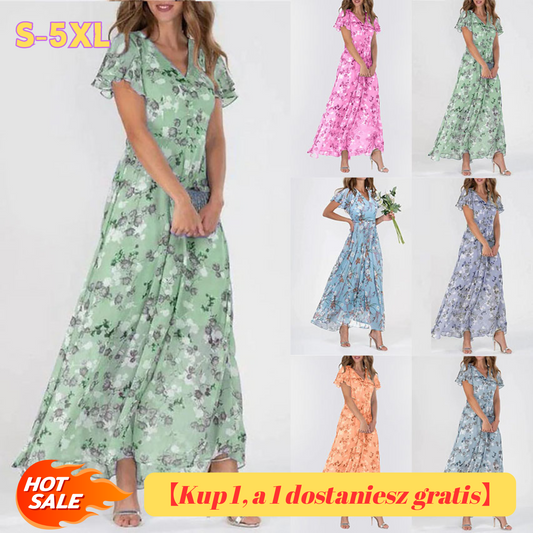 👗❤️【S-5XL】Стилна шифонена рокля с V-образно деколте и флорални волани✅【40-95 кг】