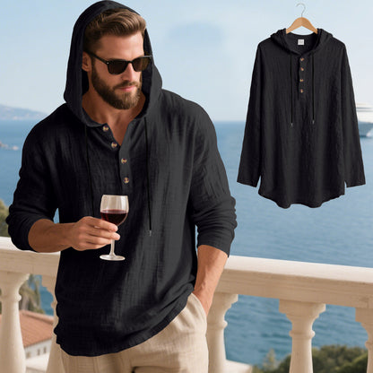 👔50% de descuento🏆【40-100kg】Camisa Henley de manga larga con capucha, transpirable y de lino para hombre, de corte holgado, ideal para la playa.✅Pago contra entrega ✅Pago contra entrega