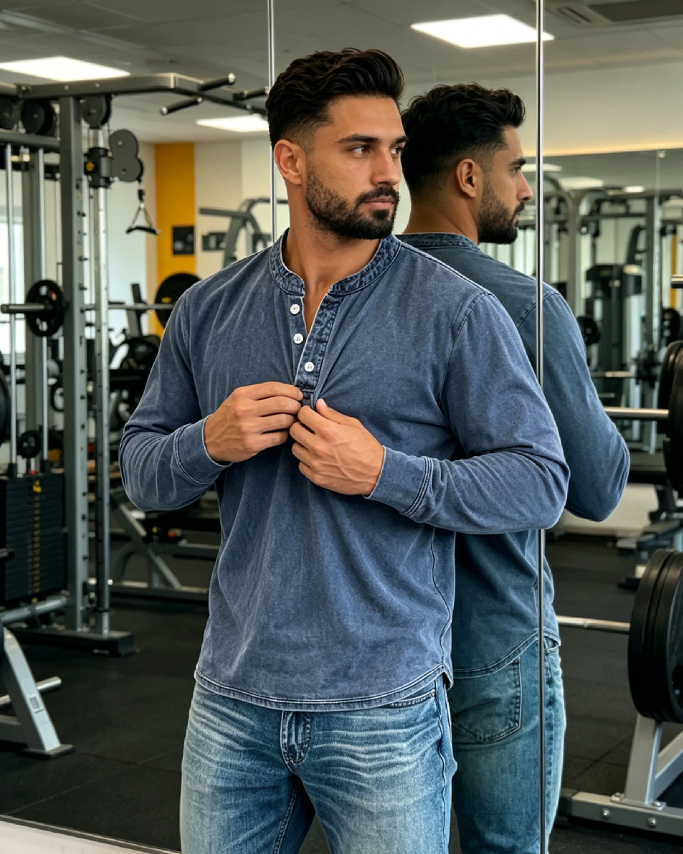 👔🔥【40-120 kg】Męska koszula jeansowa z długim rękawem i dekoltem w serek, kieszenią ✅️Płatność przy odbiorze ✅️2 sztuki z 30% rabatem