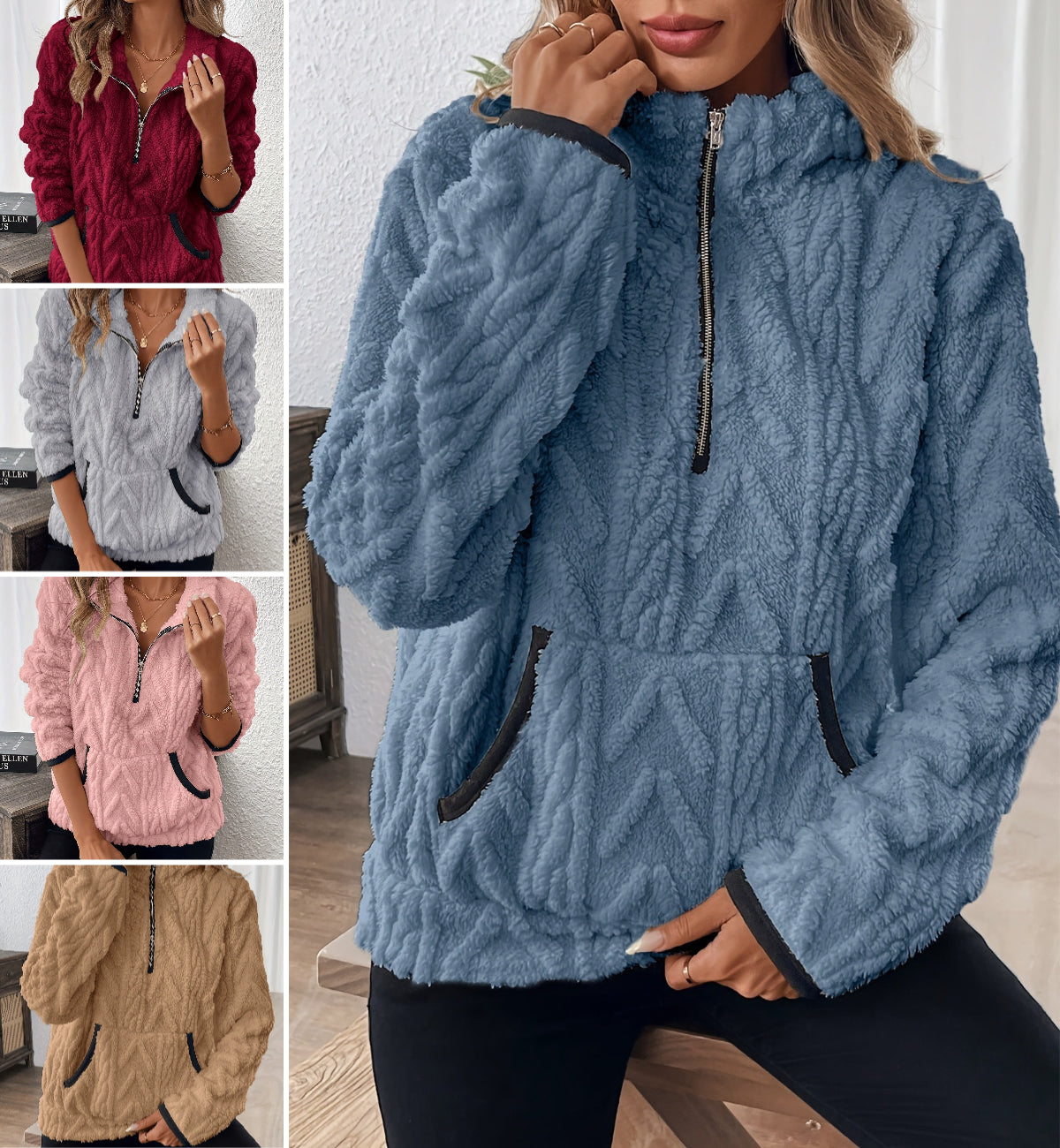 🔥 Speciální nabídka 【S–3XL】Nová krátká mikina s klopami v evropském a americkém stylu, žakárová, s polovičními zipy a plyšovými kapsami