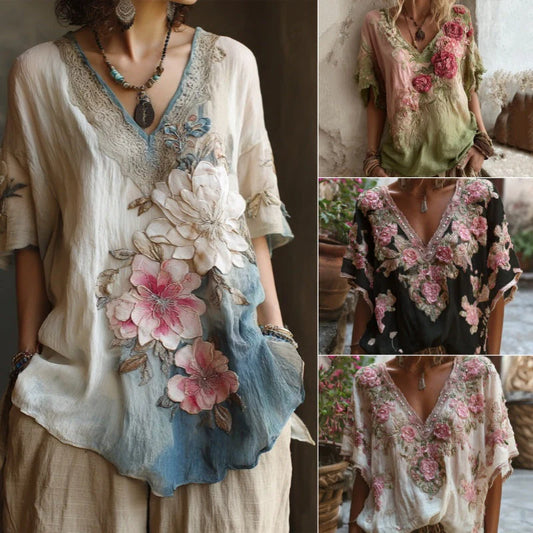 🌺【50% POPUST】Elegantna ohlapna srajca s cvetličnim potiskom in globokim V-izrezom 【S-4XL】