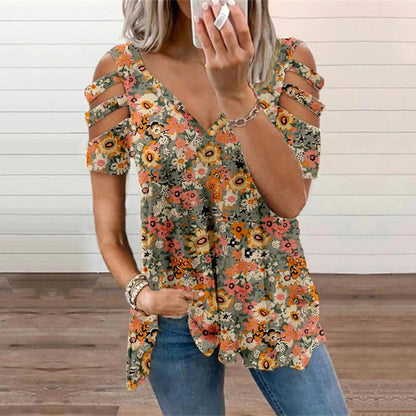 【50% отстъпка】💘【S-3XL】Стилна дамска тениска с голи рамене, с вдлъбнати ръкави, които подчертават линията на врата и раменете, и модерни щампи, които подчертават индивидуалността и модерността.