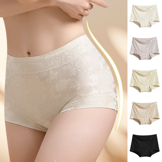 🔥🔥【5dílná sada】Žakárové trojúhelníkové kalhotky s vysokým pasem, antibakteriální, z morušového hedvábí, třídy 10A, pro ženy, zvětšující boky a zeštíhlující bříško (40-80 kg)