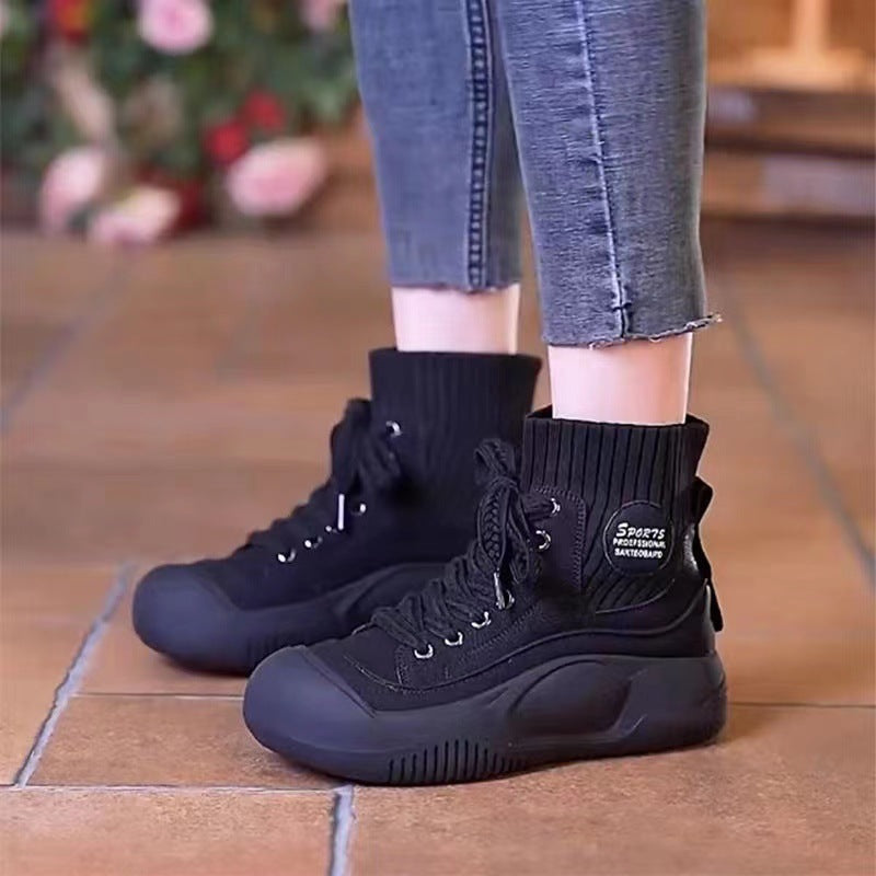 💟【50% zľava】【35-40】Jesenné/zimné ležérne topánky v britskom štýle v retro štýle so stredným strečom, módne priedušné členkové čižmy, vysoké pletené dámske čižmy z elastickej bavlny so šnurovaním