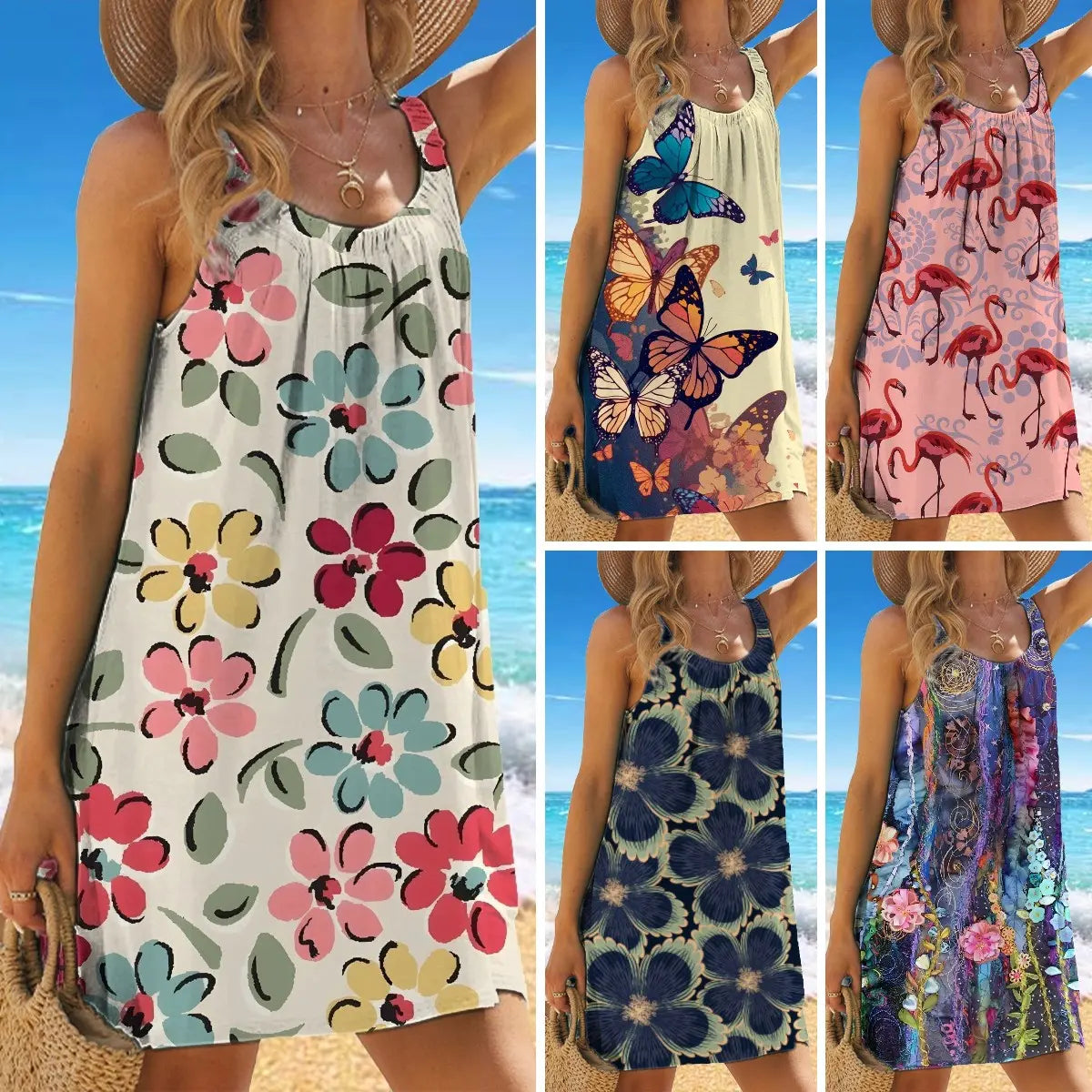 🎁【50% popust】✨🌊【S-5XL】Modna poletna obleka z naramnicami, cvetličnim potiskom