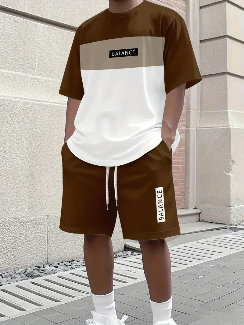 【S-5XL】Stylowy męski komplet składający się z koszulki z nadrukiem i spodenek, modny dwuczęściowy komplet, wygodny zarówno na co dzień, jak i na sportowo.