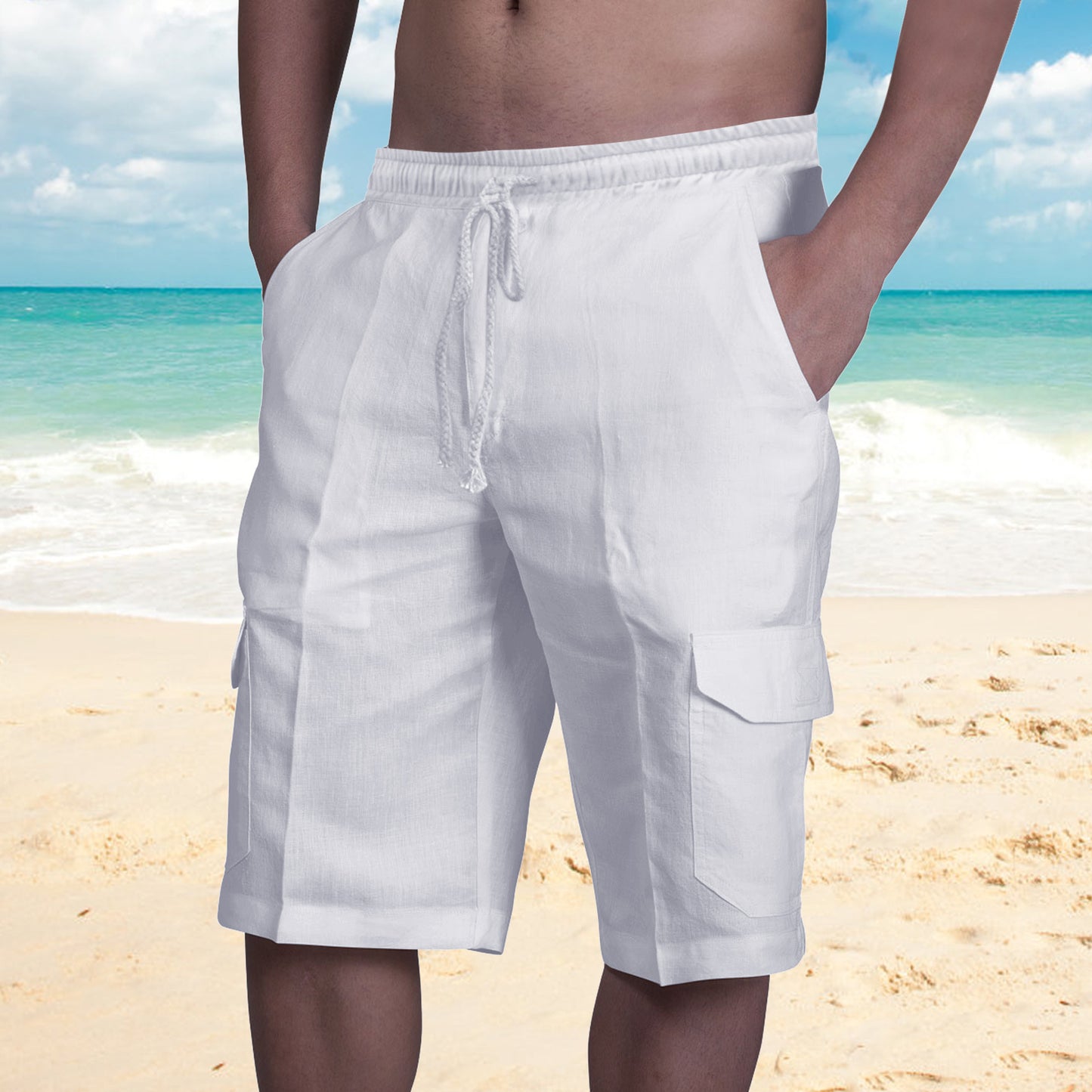 👖⛵【50% popusta🔥】【50-100kg】😍2025 nove muške kratke lanene kargo hlače velike veličine, muške kratke hlače s uzicom za plažu s višestrukim džepovima
