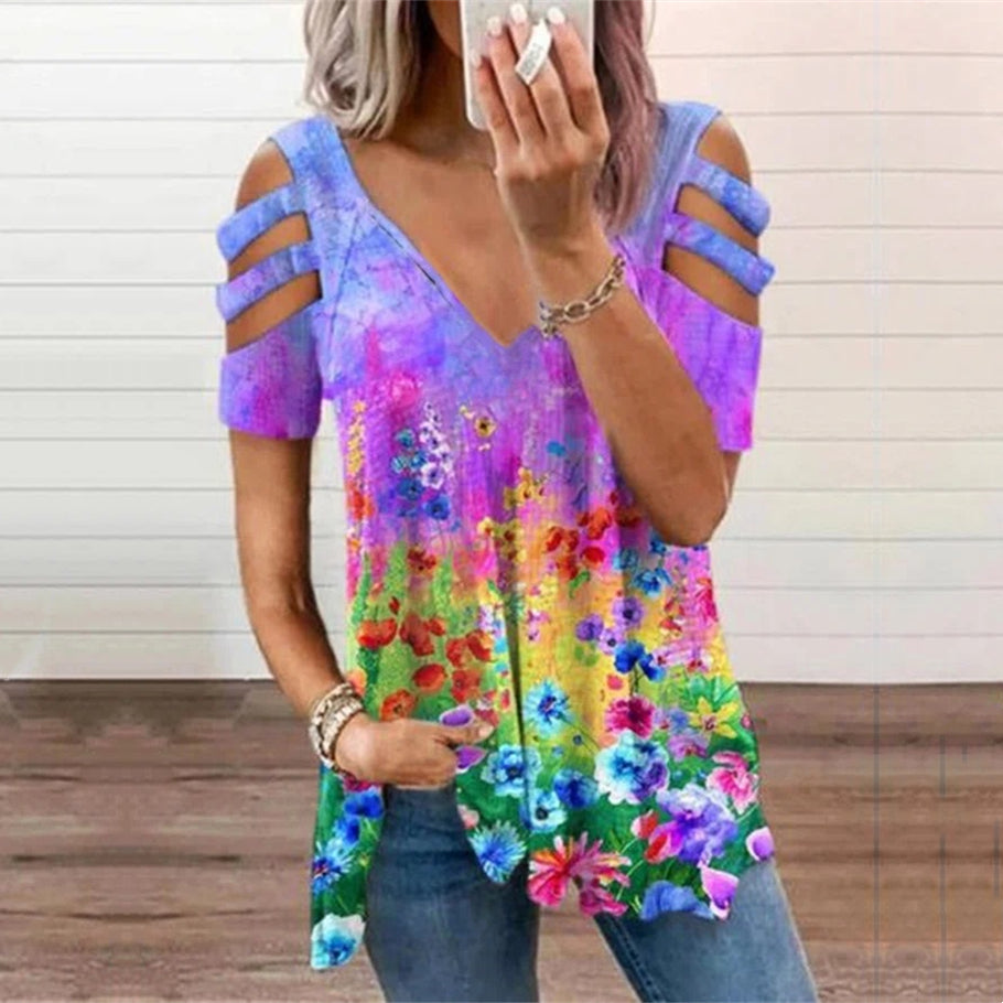 【50% отстъпка】💘【S-3XL】Стилна дамска тениска с голи рамене, с вдлъбнати ръкави, които подчертават линията на врата и раменете, и модерни щампи, които подчертават индивидуалността и модерността.