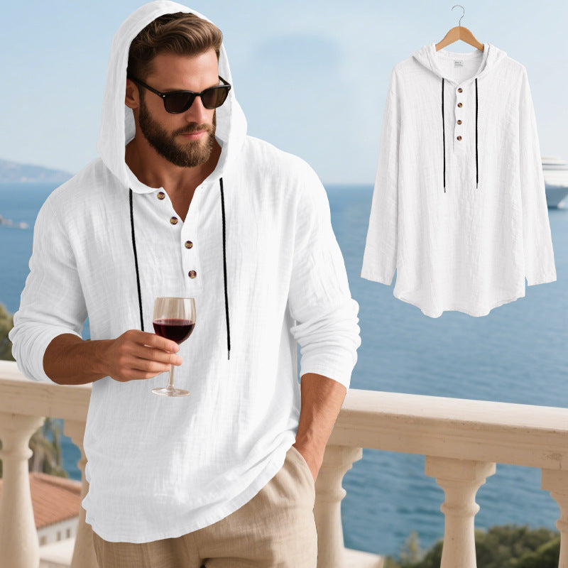 👔50% de descuento🏆【40-100kg】Camisa Henley de manga larga con capucha, transpirable y de lino para hombre, de corte holgado, ideal para la playa.✅Pago contra entrega ✅Pago contra entrega