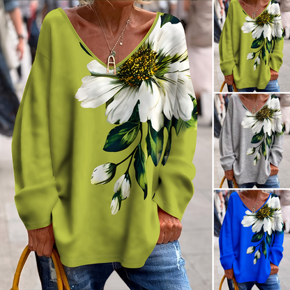 💐【S-2XL】Дамска модна тениска с V-образно деколте и щампа, подходяща за пролетно и есенно носене
