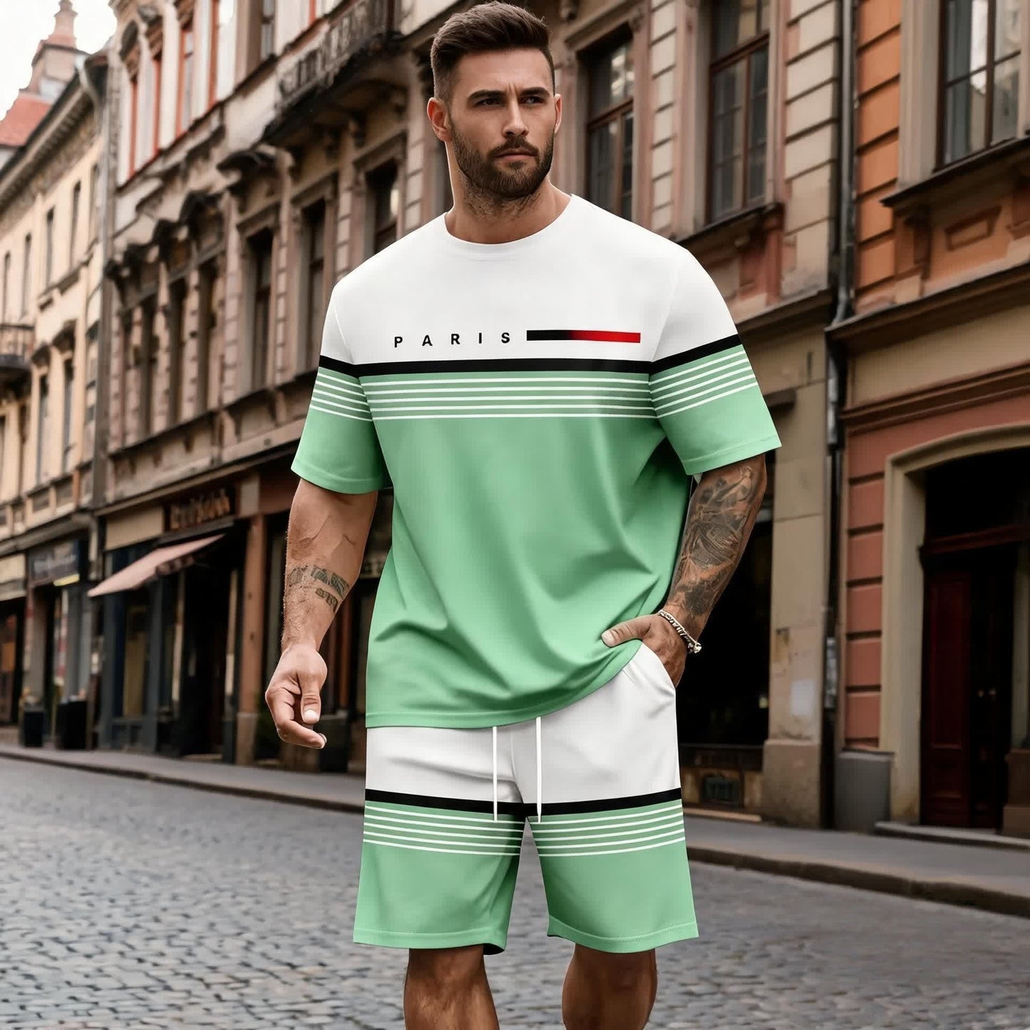 【S-5XL】Męski, swobodny i wygodny komplet składający się z koszuli z krótkim rękawem i spodenek z nadrukowanym napisem.
