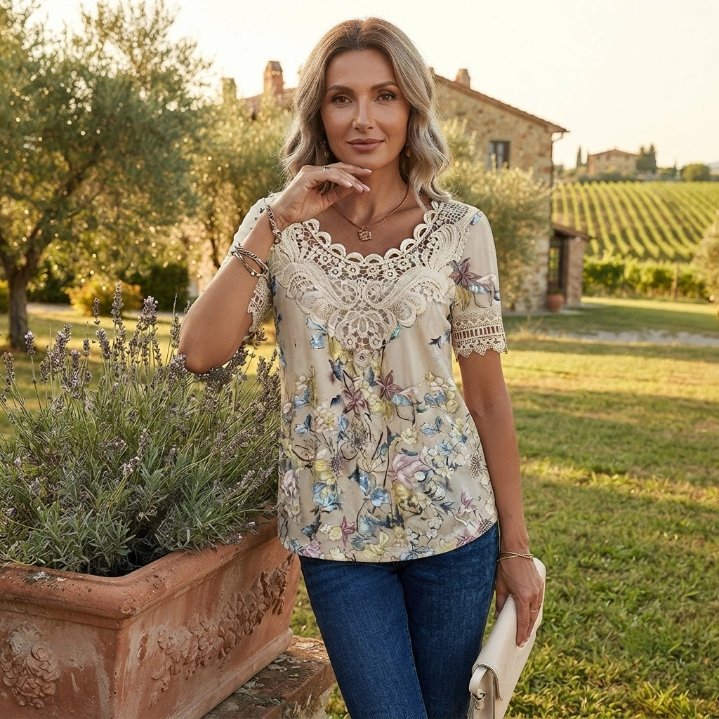 【50% de descuento】💐 Blusa de encaje con cuello en V para mujer, cómoda y transpirable
