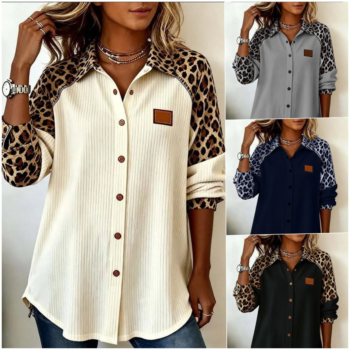 💖【50 % popust】【S-3XL】Nova jesensko/zimska elegantna srajca z leopardjim vzorcem in ovratnikom - mehka in udobna, z gumbi