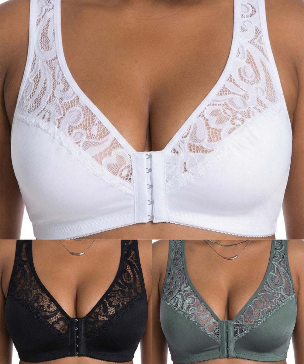 💖【Комплект от три части】【L-4XL】😍 Сутиен с пълнеж push-up, изящна дантела, дизайн push-up и кухина, закопчаване отпред