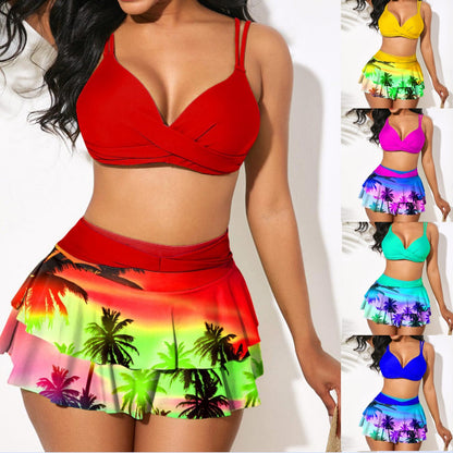 ✨【50 % popust】【S-3XL】Dvodelne bikini kopalke z visokim pasom in potiskom z naborki 2025