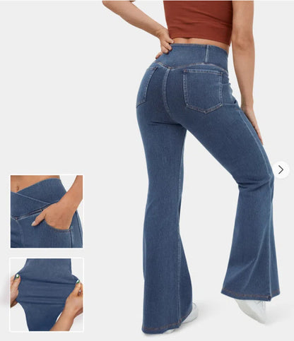 🔥✨【XS-4XL】🌷🌈Нови тесни дънки с висока талия и широки крачоли, стягащи и повдигащи ханша