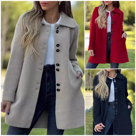 💥💥【50 % popust】【S-3XL】Zimski novoletni enoredni volneni plašč za leto 2025, enobarvna eleganca