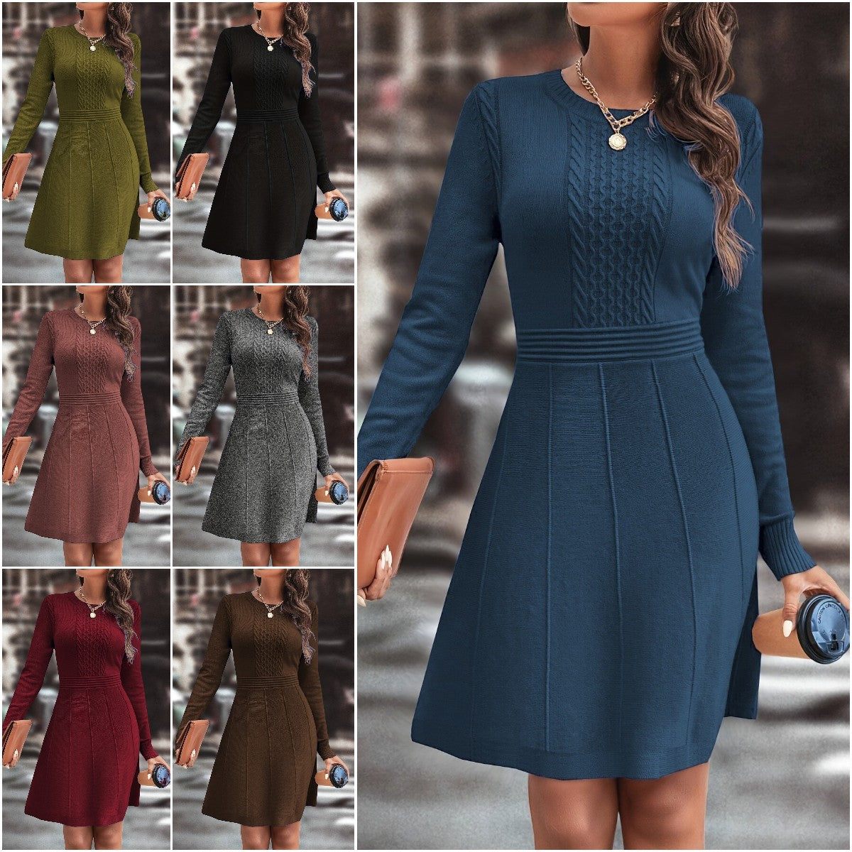 🍁🍂Ženska jesensko/zimska pletena obleka, elegantna in preprosta enobarvna pletena obleka slim krojem in okroglim izrezom