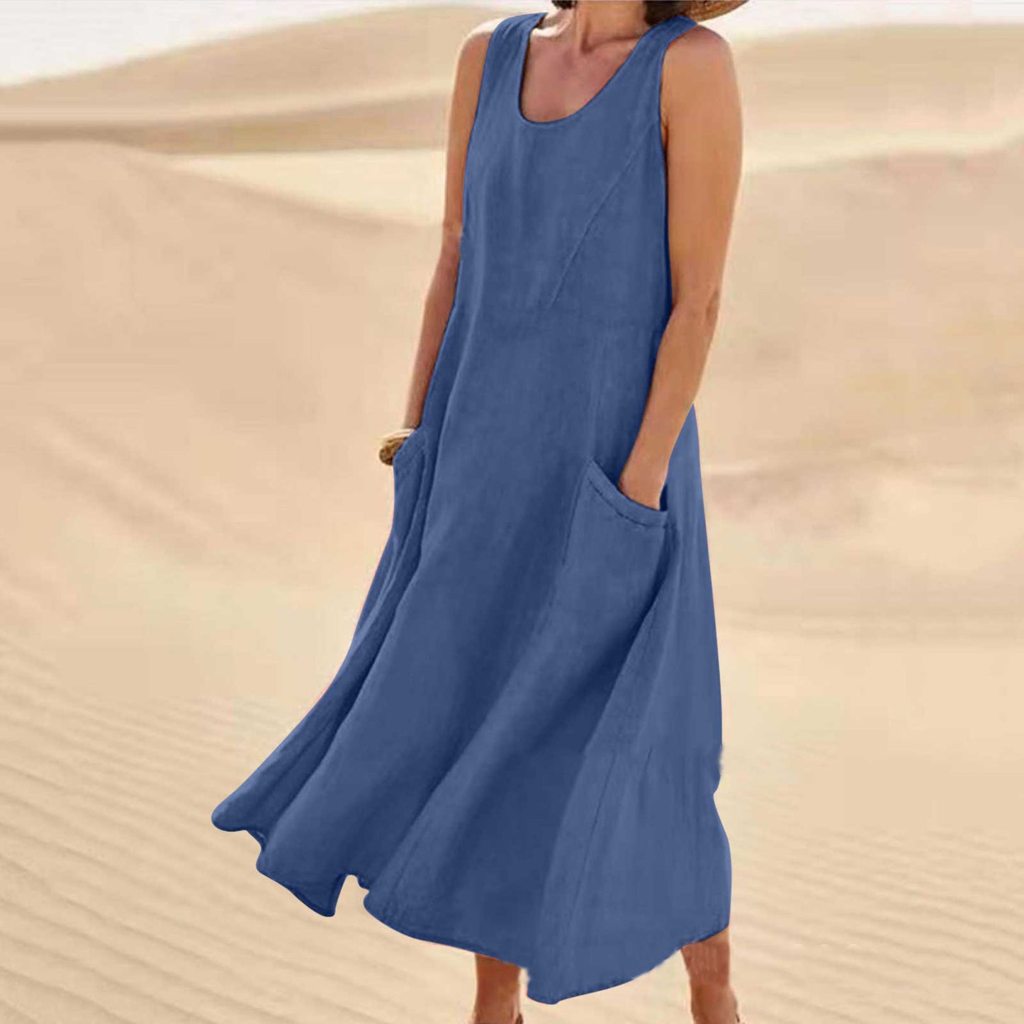 🌈【S-5XL】Nova poletna elegantna bombažna tencel obleka brez rokavov z okroglim izrezom (11 barv)