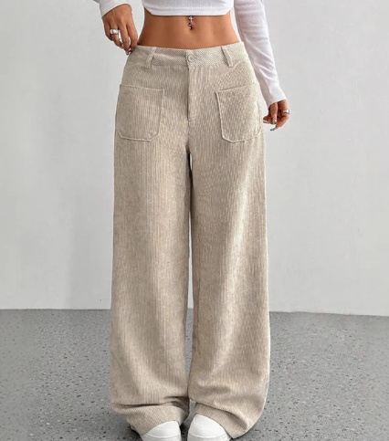 👖👖【50% отстъпка】Нови дамски ежедневни кадифени панталони, с висока талия, много джобове, свободна кройка, дълги до пода и широки крачоли