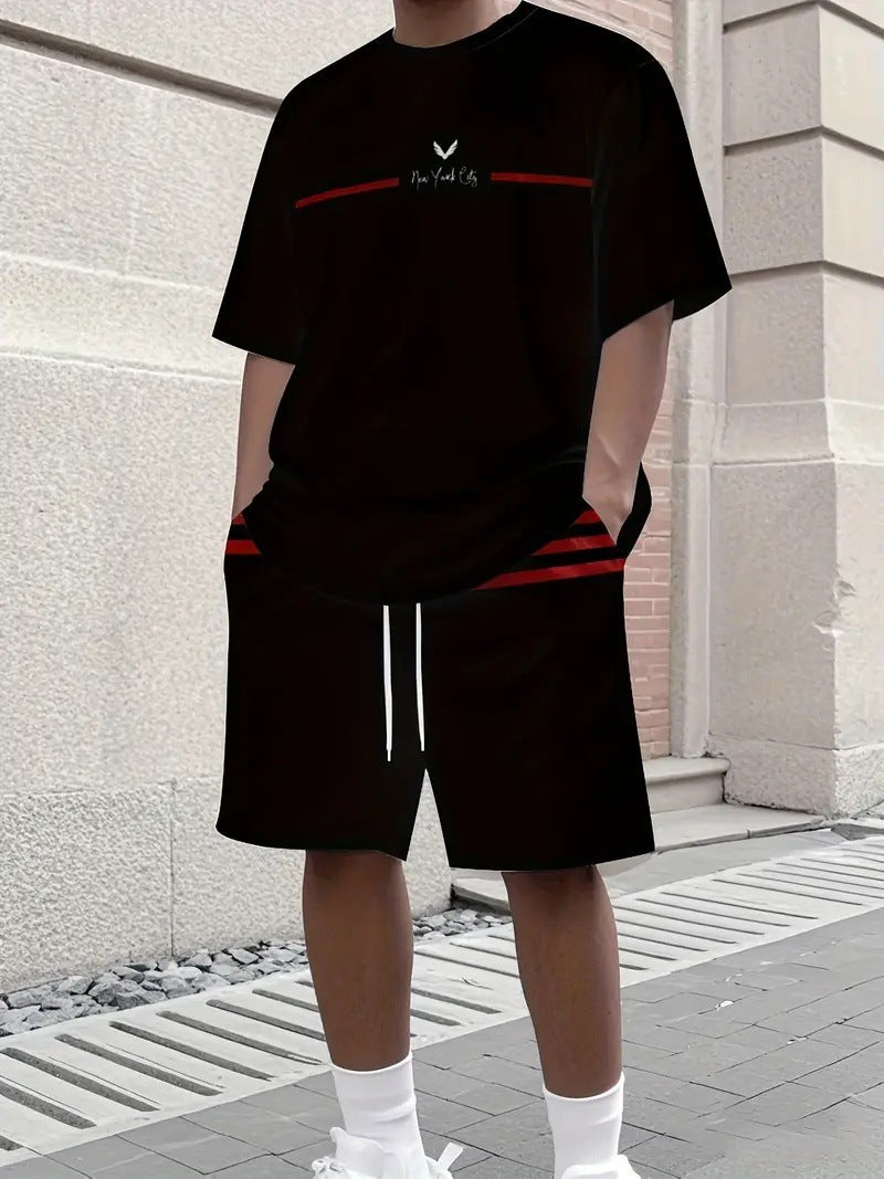 【S-5XL】Stylowy męski komplet składający się z koszulki z nadrukiem i spodenek, modny dwuczęściowy komplet, wygodny zarówno na co dzień, jak i na sportowo.