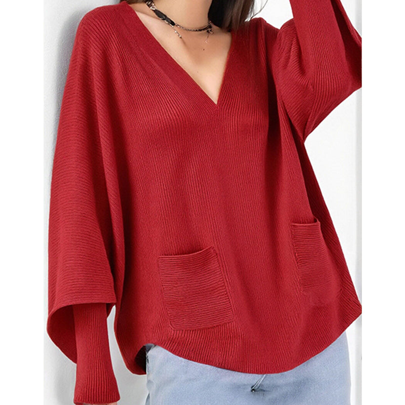 【M-4XL】Нов дамски плетен пуловер, свободна кройка, с джобове, едноцветен и V-образно деколте.