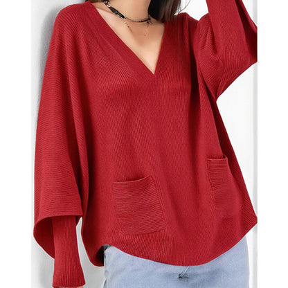 【M-4XL】Нов дамски плетен пуловер, свободна кройка, с джобове, едноцветен и V-образно деколте.