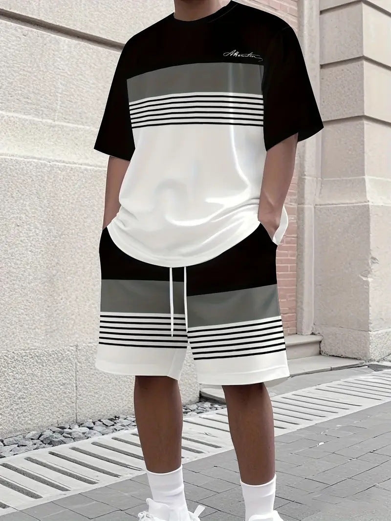 【S-5XL】Stylowy męski komplet składający się z koszulki z nadrukiem i spodenek, modny dwuczęściowy komplet, wygodny zarówno na co dzień, jak i na sportowo.