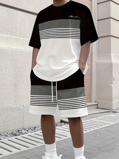 【S-5XL】Stylowy męski komplet składający się z koszulki z nadrukiem i spodenek, modny dwuczęściowy komplet, wygodny zarówno na co dzień, jak i na sportowo.