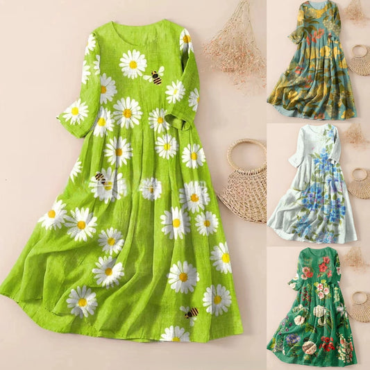 【50 % popust】【S-3XL】🌼Nova nagubana obleka s cvetličnim potiskom in okroglim izrezom🌸mlada in lepa