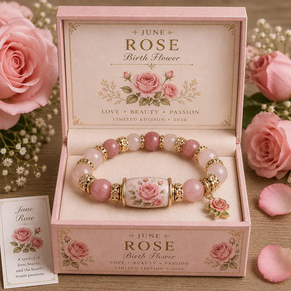 🔥【Kup 1, a 1 dostaniesz gratis】🎁✨Bransoletka urodzinowa z kwiatami na grudzień z zawieszką z róży w kształcie kropli oleju i bransoletką z chalcedonu🌸
