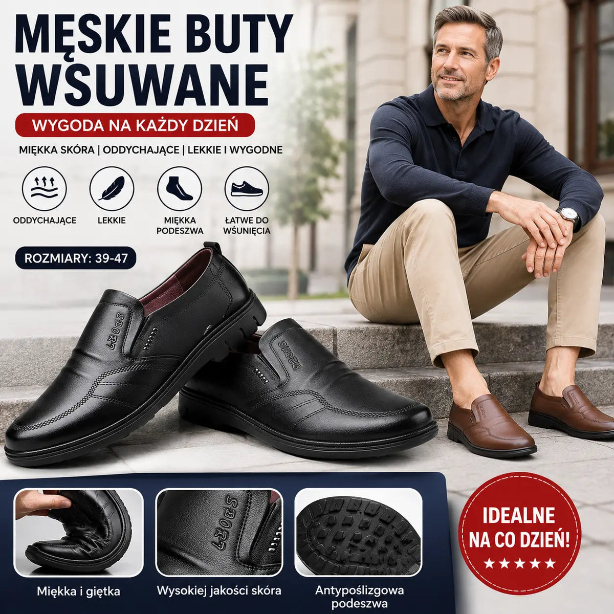 🔥【39-44】--1 para 129  zł.👞Męskie buty biznesowe, wykonane z oryginalnej skóry, z wygodną miękką podeszwą, odpowiednie na wiele okazji.