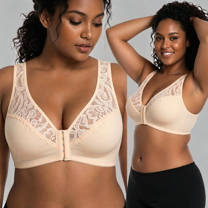 💖【Комплект от три части】【L-4XL】😍 Сутиен с пълнеж push-up, изящна дантела, дизайн push-up и кухина, закопчаване отпред
