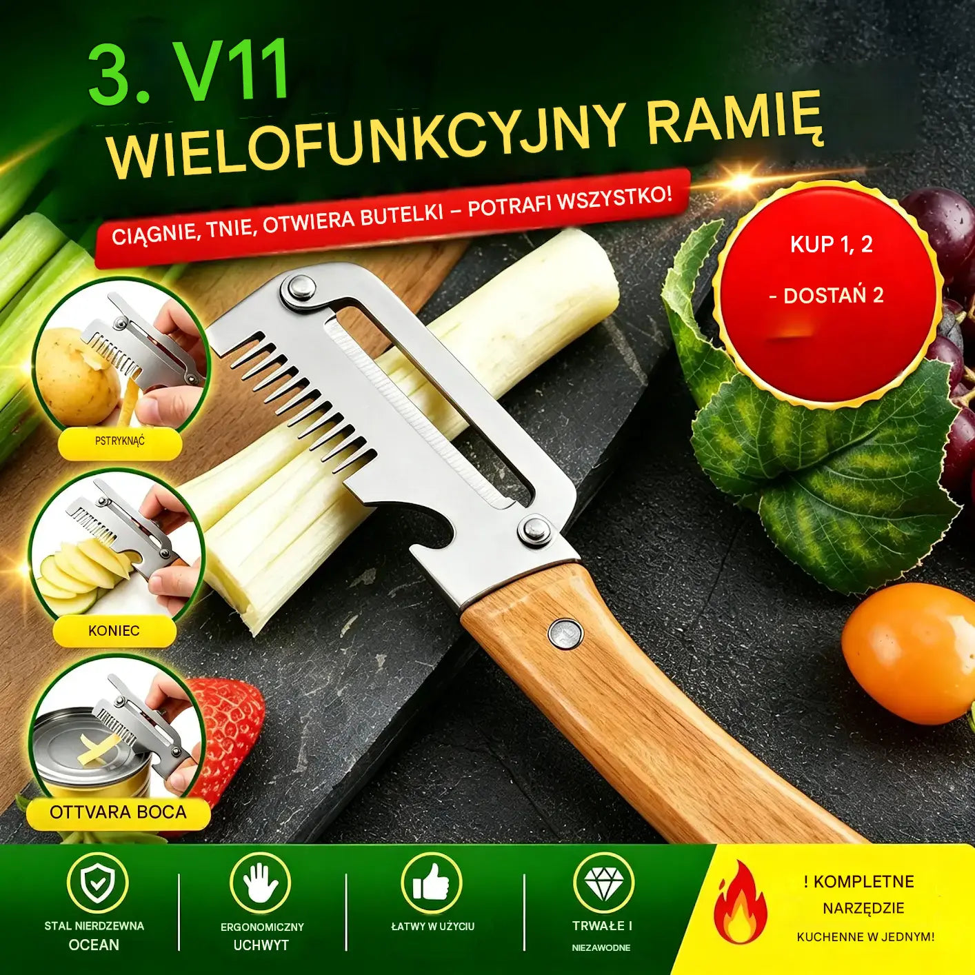 ✅【Kup 1, a 2 dostaniesz gratis!】🧅🔪 Wielofunkcyjny obierak kuchenny 3 w 1: obiera, tnie i otwiera nakrętki butelek! 🔥