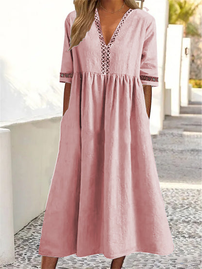👗【– 50% отстъпка 🔥】😍 Пролетно-лятна рокля с къс ръкав и V-образно деколте от дантела ✅️Плащане при доставка