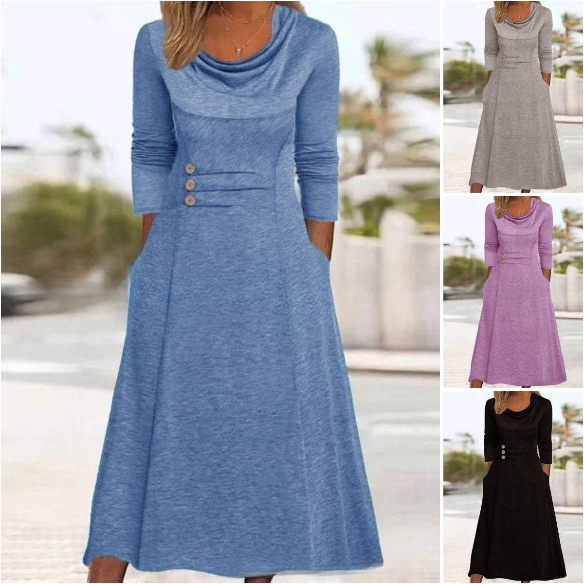 【50 % popust】【S-3XL】 2025 noua rochie cu nasturi cu buzunar cu gât rotund, culoare uni