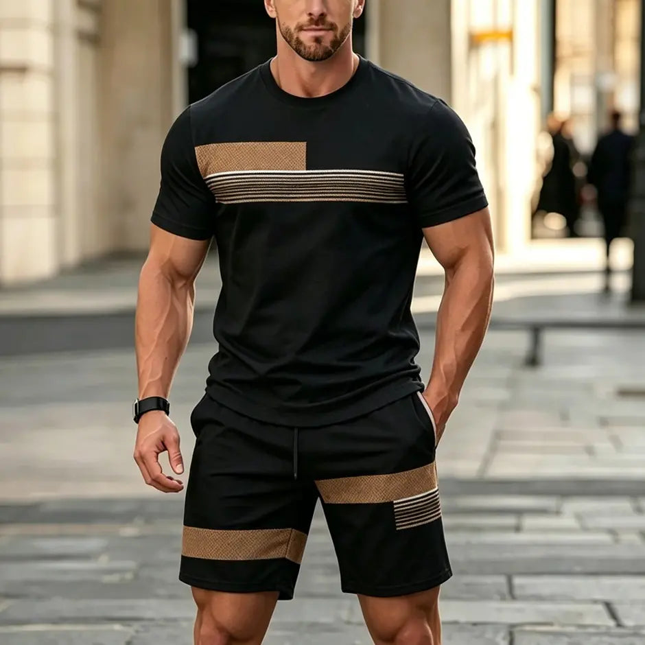 ✨Dwuczęściowy męski komplet sportowy, idealny na lato: wygodny T-shirt z krótkim rękawem i szorty.