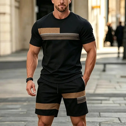 ✨Dwuczęściowy męski komplet sportowy, idealny na lato: wygodny T-shirt z krótkim rękawem i szorty.