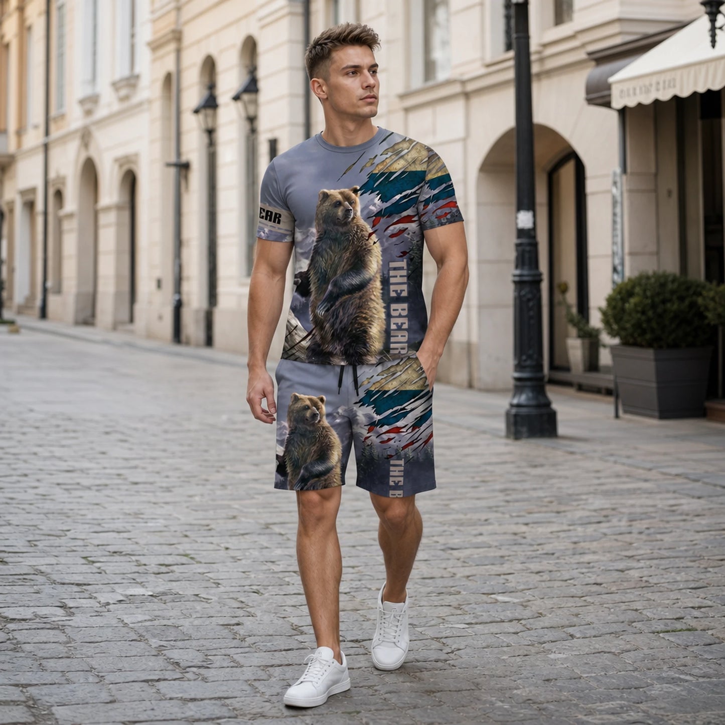 【XXS-6XL】Letnia, modna, swobodna koszulka z krótkim rękawem, męski strój sportowy, nadruk 3D z niedźwiedziem