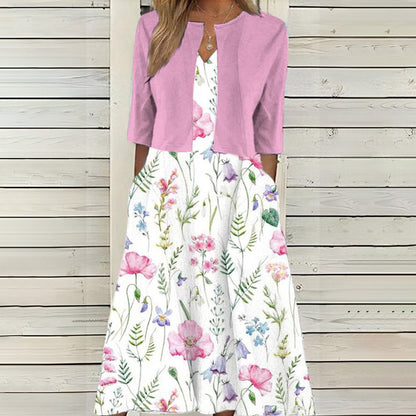 🌸【Długa sukienka z dekoltem w serek + płaszcz】🌸Elegancki dwuczęściowy komplet z kardiganem w etnicznym wzorze