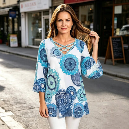 Letnia koszulka damska w dużych rozmiarach S-3XL: nadruk retro, dekolt w serek ze skrzyżowanymi ramiączkami, miękki materiał