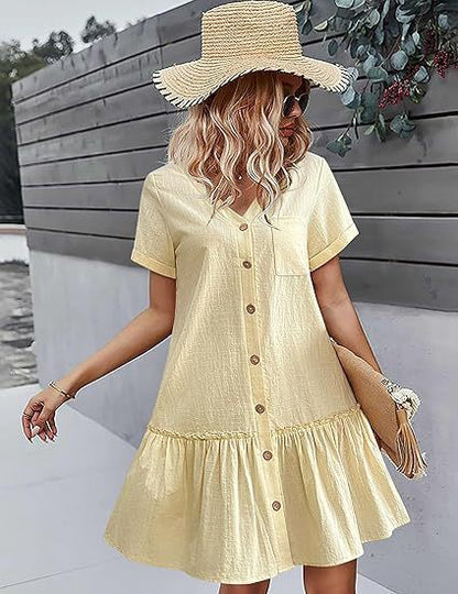 👗🍀Volné letní šaty z bavlny a lnu, nařasený spodní díl, každodenní šaty s krátkými rukávy