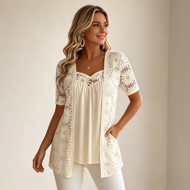 👚 Elegantný sieťovaný top 2 v 1 s čipkou – tvaruje a zoštíhľuje bruško, dostupný v 5 farbách, veľkostiach S–4XL! 🌸✨