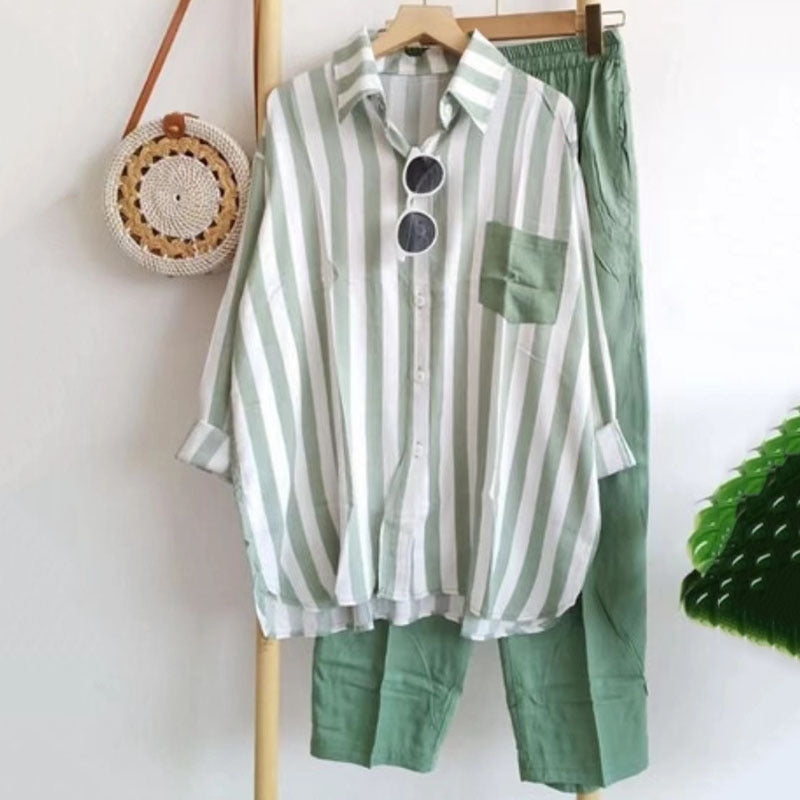 [S-5XL] 🌸 Costum casual din două piese pentru femei, cu dungi, pentru primăvară și vară - plăcut la atingere, moale și versatil