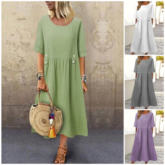 🔥🔥【50%OFF】👗👗2025 Poletna ohlapna obleka iz bombaža in lanu z okroglim izrezom in kratkimi rokavi