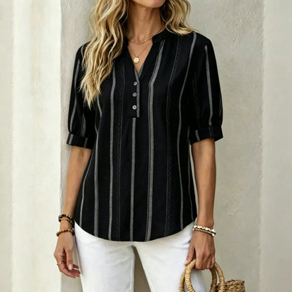 👚 【50% de descuento en ofertas de temporada】Blusa de verano de manga corta a rayas de algodón y lino con tejido transpirable.